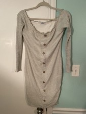 Fashion Nova Jacklyn Off the Shoulder Mini Dress Ribbed Button Front Oatmeal XL