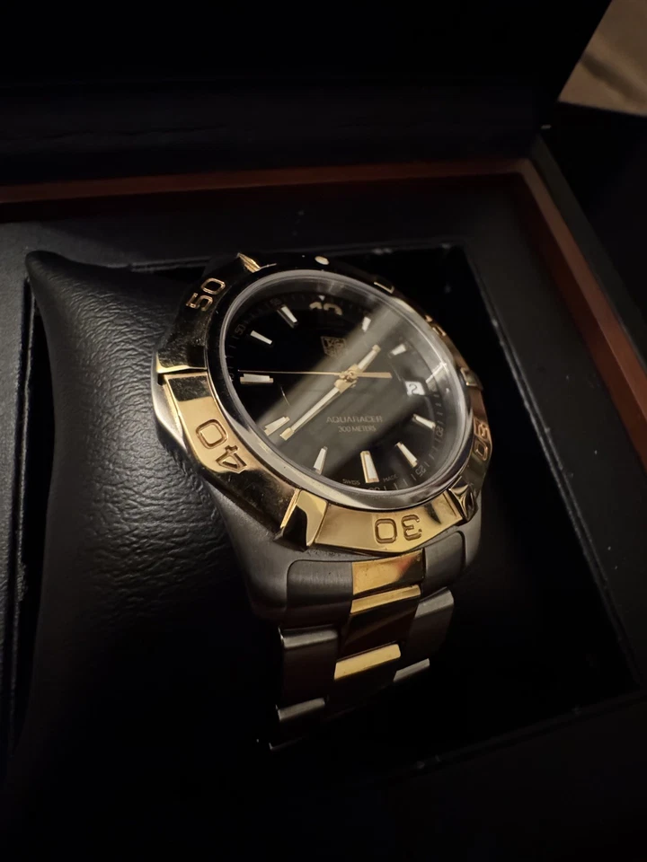 Reloj TAG Heuer Aquaracer para hombre enchapado en oro de 18 quilates negro 39 mm WAF1123 COMO NUEVO B&P Foto 2 de 4
