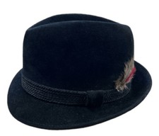 Vintage Mac Phergus Genuine Black Velour Fedora Hat Cap Sz 7 Feather Made In USA