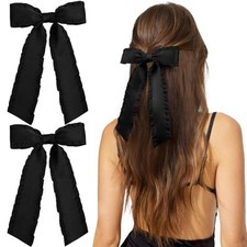 2PCS Hair Bows for Women Girls, Black Tassel Hair Ribbon Bowknot Hair Clips