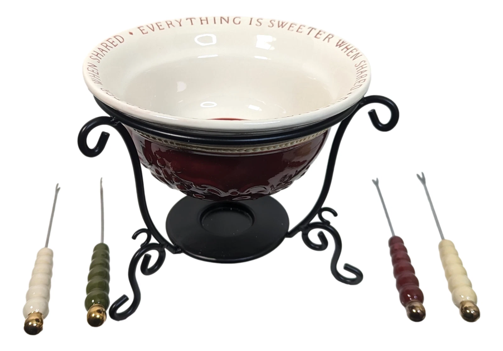 Chocolate Fondue Pot Set Sauce Warmer Melter with Stand & Picks Ceramic Server