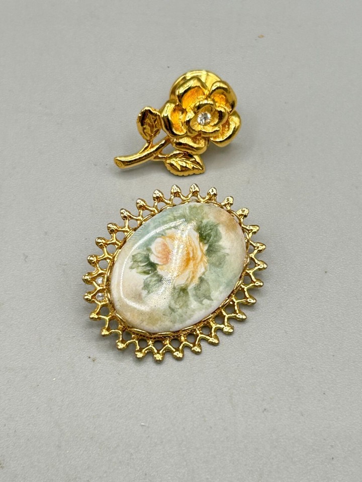 Vintage Gold Tone Rose Brooch & Floral Tack Pin and Cameo Style eBay