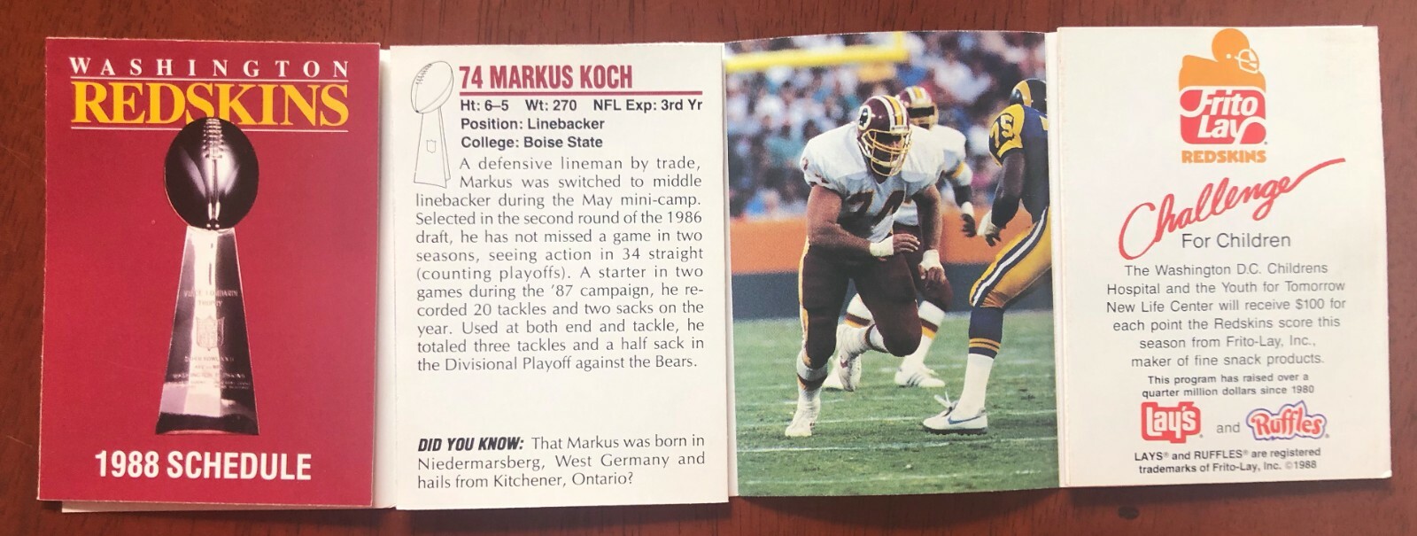 1988 Washington Redskins Pocket Football Schedule #74 MARKUS KOCH Frito Lay
