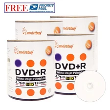 400 Pack Blank Smartbuy 16X DVD+R 4.7GB White Inkjet Hub Printable Record Disc