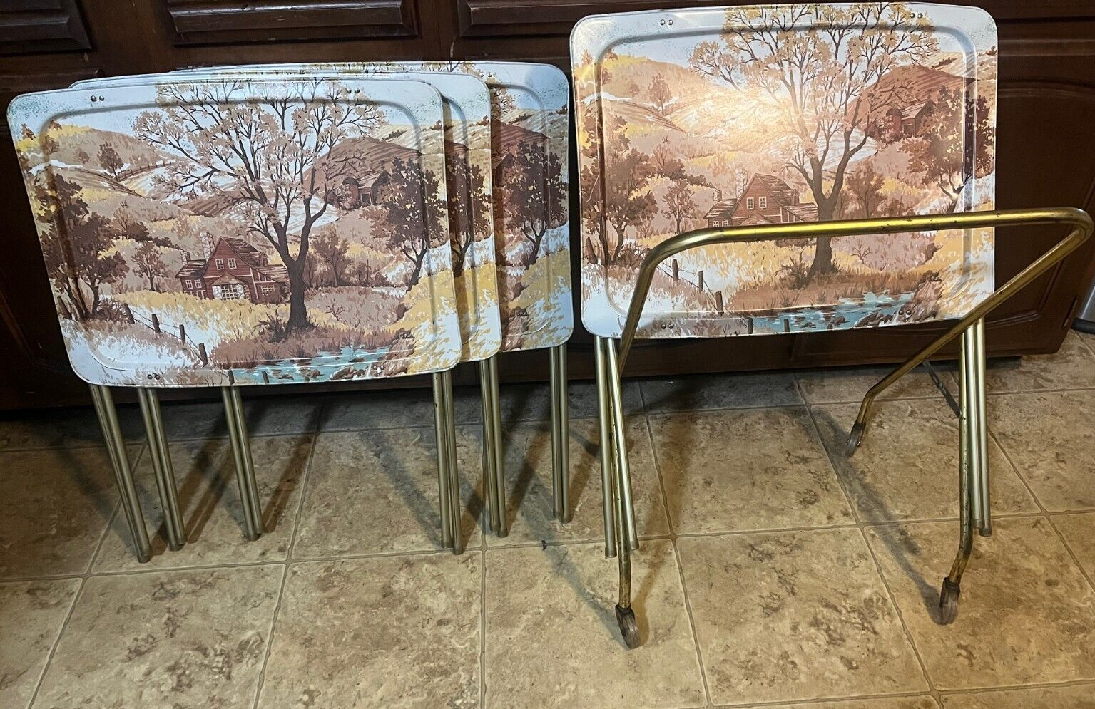 Vintage Quaker Set of 4 Tv Trays with rack " Hill N Dale" Landscape eBay