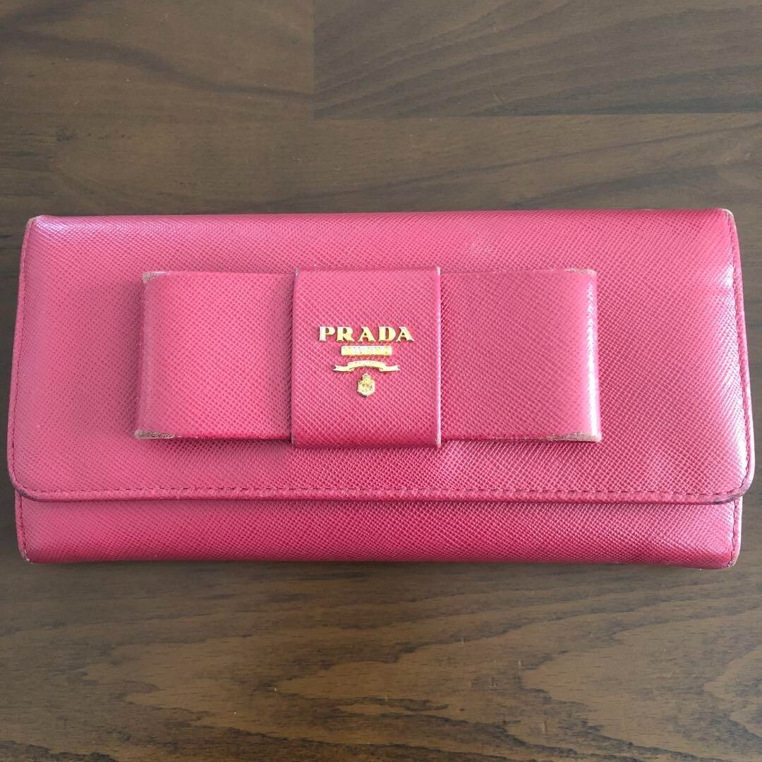 PRADA Logo Saffiano Ribbon Bifold Long Wallet Pink Leather 18.5 cm