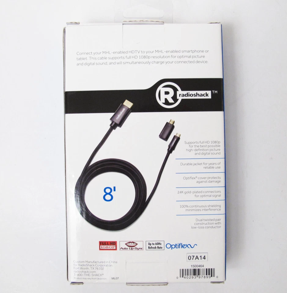 Radioshack MHL 8 Foot Mobile Hi Def Cable Supports Full HD 1080P New in Box - Image 2 of 4