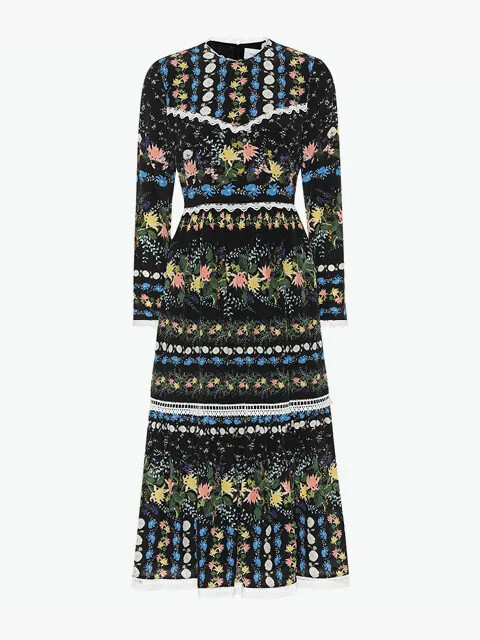 Erdem 'Georgie' Silk Floral Print Tiered Long Sleeve Midi Dress sz 4 | eBay