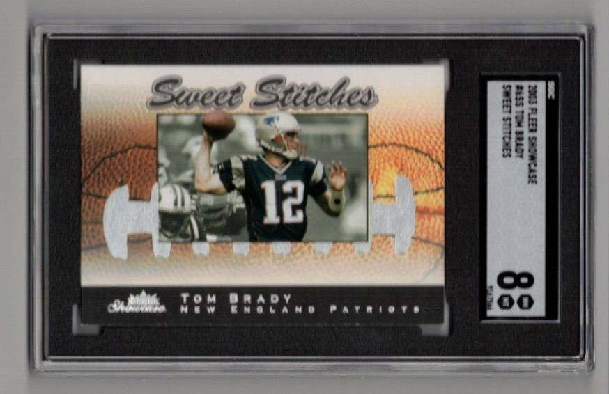 2003 Fleer Showcase Sweet Stitches Tom Brady Card #6SS Grade 8