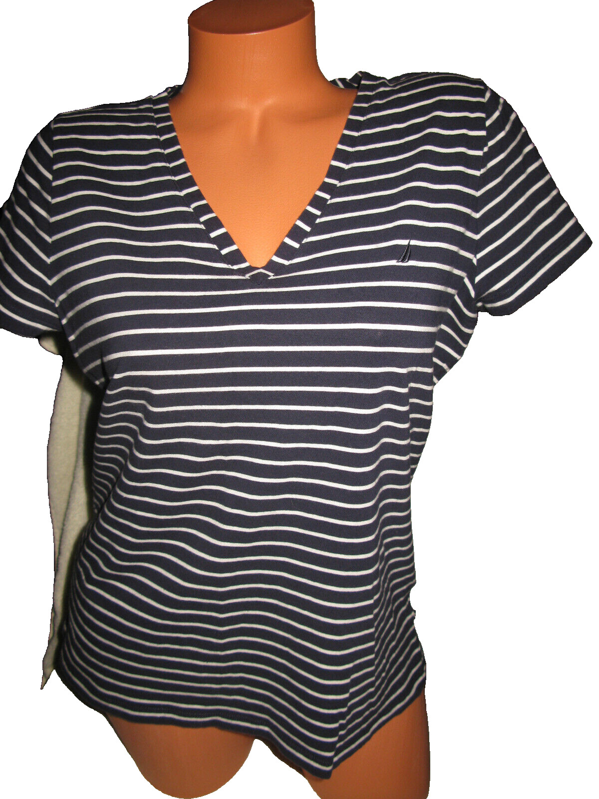 Nautica Shirt Women Large Blue White Striped V Neck Shirt  40'' BUST