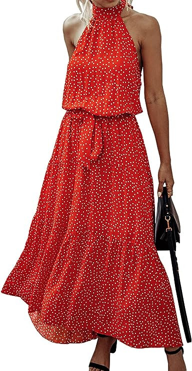 NEW SZ L PRETTYGARDEN Casual Halter Neck Sleeveless Floral Long