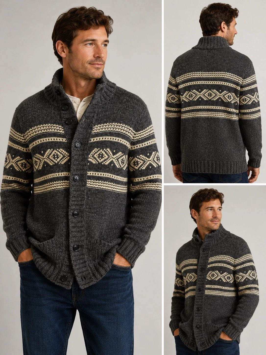 American Eagle Fair Isle Shawl Collar Cardigan Men’s Medium Gray Wool Blend
