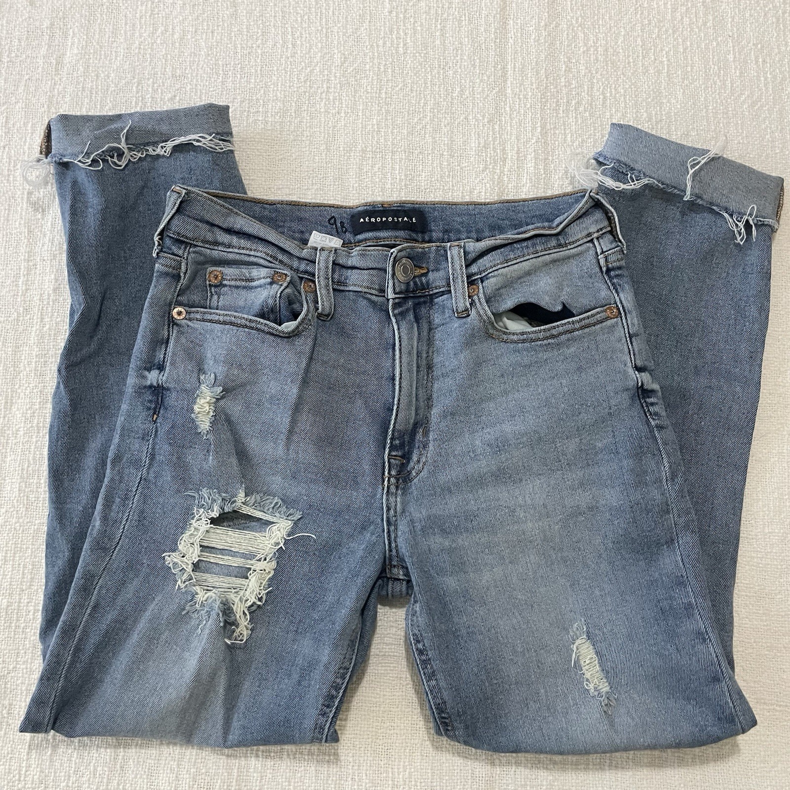Aeropostale Mom Jeans Women’s 2 Blue Distressed High Rise Raw Hem Ripped-image