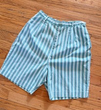 VINTAGE 50s 60s Shorts XS Cotton Striped Side Zip High Rise Blue Summer Resort