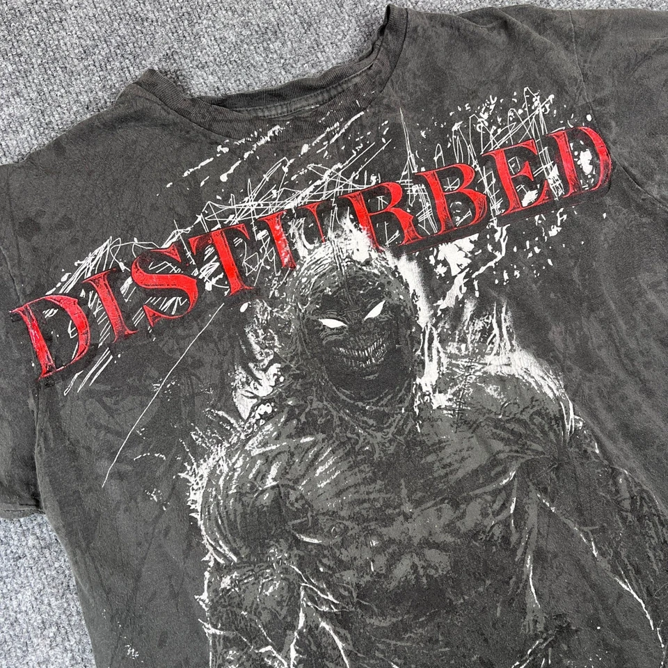 Vintage Disturbed T Shirt Mens L Gray AOP Skull Face Y2K Grunge Flames - Image 4 of 4