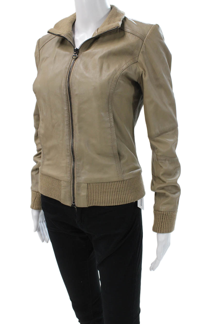 Zara Basic Womens Bomber Leather Jacket Beige Hig… - image 2