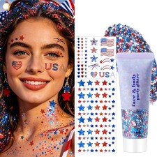 Red White Blue Face Hair Body Glitter Gel with 4th of July Star Flag Face Gem...