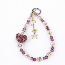 Handmade Beaded Phone Charm Strap Pink Crystal Heart with Star Moon Keychain