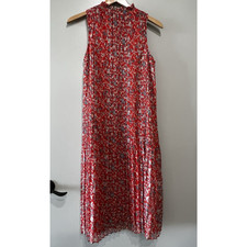 MANGO MNG red orange floral pleated Midi Chiffon Sleeveless Dress Sz 2 fits S/M