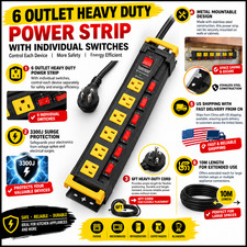 US Shipping 6 Outlet Heavy Duty Power Strip with Individual Switches, 3300J Surg