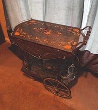 Italian Marquetry Inlaid Wood Serving Tea Or Bar Cart Wine Trolley Drop Leaf