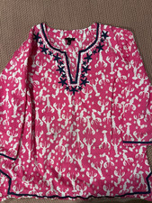 Talbots Petites Lobster Print Tunic MP Pink White Navy Embroidered Starfish Coas