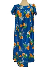 Vintage Royal Hawaiian Muumuu Long Dress Size 10 Bright Blue Orange Hibiscus