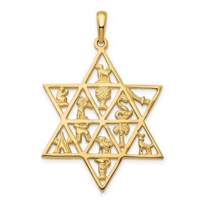 14k Yellow Gold Star Of David 12 Tribes Pendant for Women