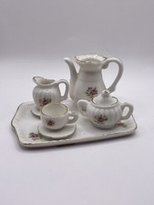 Miniature Doll House China Tea Set 8 Piece Vintage Pink Rose Gold Trim Doll