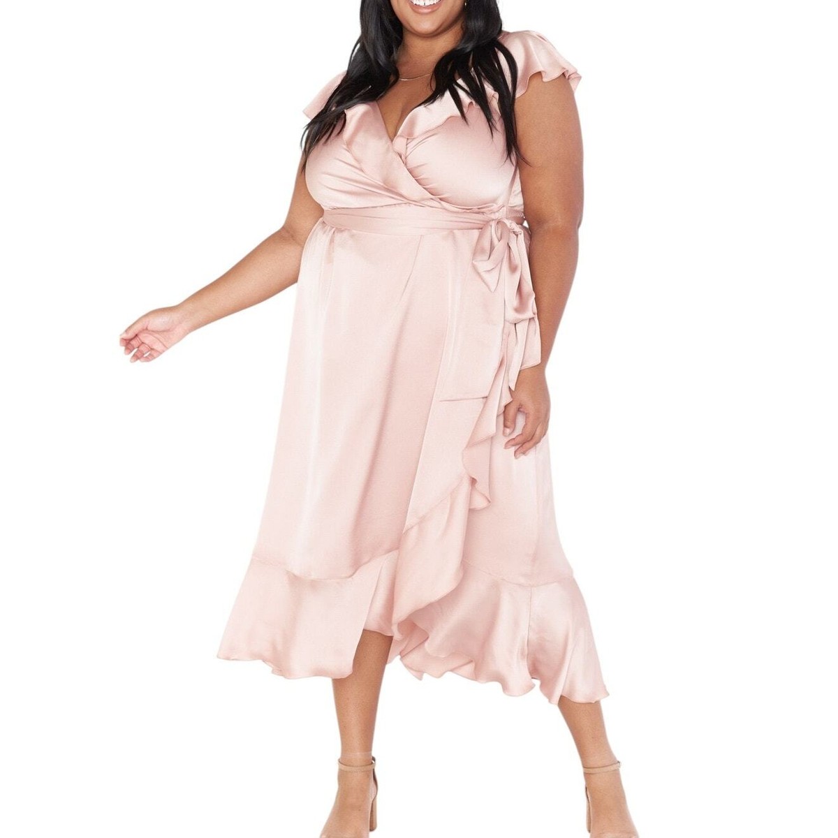 rose gold silk wrap dress Show Me Your Mumu Samantha Ruffle in Luxe Satin size 2X Occasion: Wedding Guest