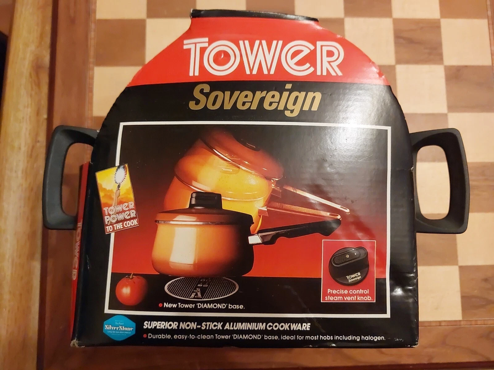 Vintage 80s Boxed Tower Sovereign Aluminium Diamond Base Fireglow Red Stock Pot