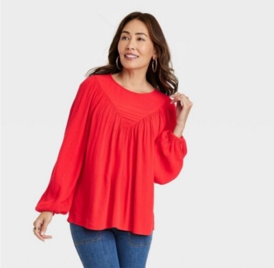 Knox Rose Women's Bishop Long Sleeve Peasant Boho Top Red Size Large New