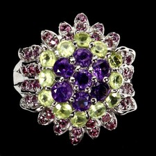 925 Sterling Silver Ring Round Amethyst Peridot Rhodolite Gemstone Jewelry Size