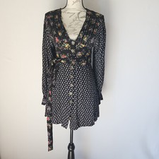 Free People Wonderland Floral A-Line Mini Dress Button Puff Sleeve Black Sz.S