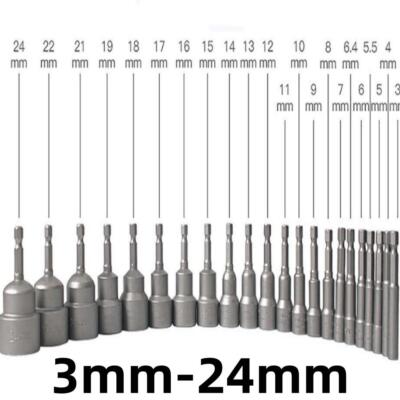 Shank Nut Driver Bit Set Hex Magnetic Metric Socket Impact Drill 3mm-24mm 1/4''