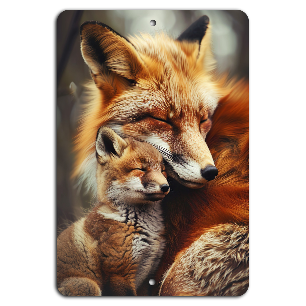 Cozy Fox Hug: Heartwarming Wildlife Art on Metal Sign