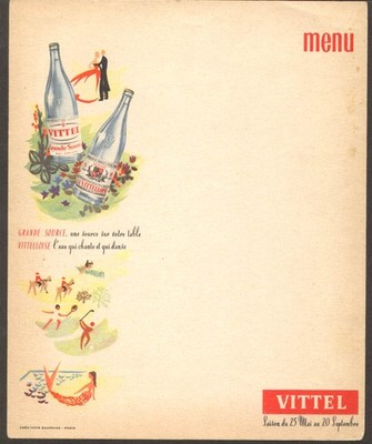 Vittel Grande Source & Vittelloise Water Menu blank Paris ca 1940s