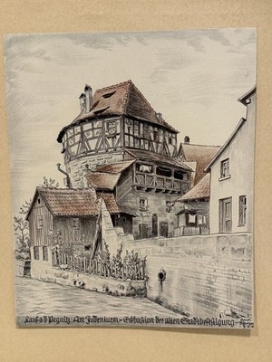 1940 German Print  Lauf a.d. Pegnitz Am Judenturm  C. Scherzer Architectural Art