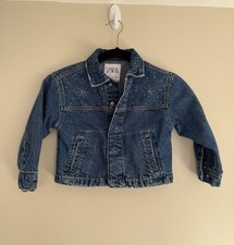 Zara Girls Dark Denim Jacket Rhinestone Appliqu s Distressed Collar Size 6-7