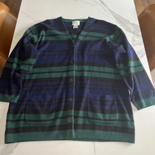 Susan Bristol Vtg Tunic Cardigan Sweater Blue Green Black Stripe Pockets Size XL