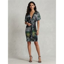 Pia Colors Womens Dress 8 Green Black Tropical Twist Front Sheath