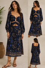 Farm Rio Midi Macaw Dress Sz L Blue Floral Cutout A Line Long Sleeve Resort Rare