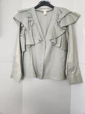 H&M Shirt Blouse Women's Size 10 Light Green Ruffled Shoulders Granny Core