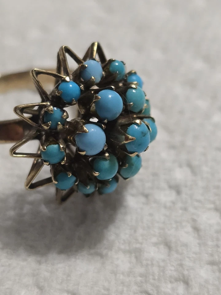 ANTIQUE VICTORIAN SOLID 14K YELLOW GOLD CLUSTER TURQUOISE RING ~ sz 8.25 - Image 4 of 4