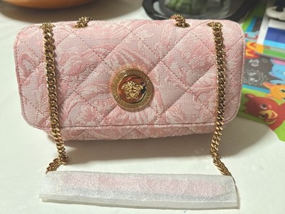 Authentic Versace Pink Quilted Baroque Jacquard Medusa Shoulder Bag 