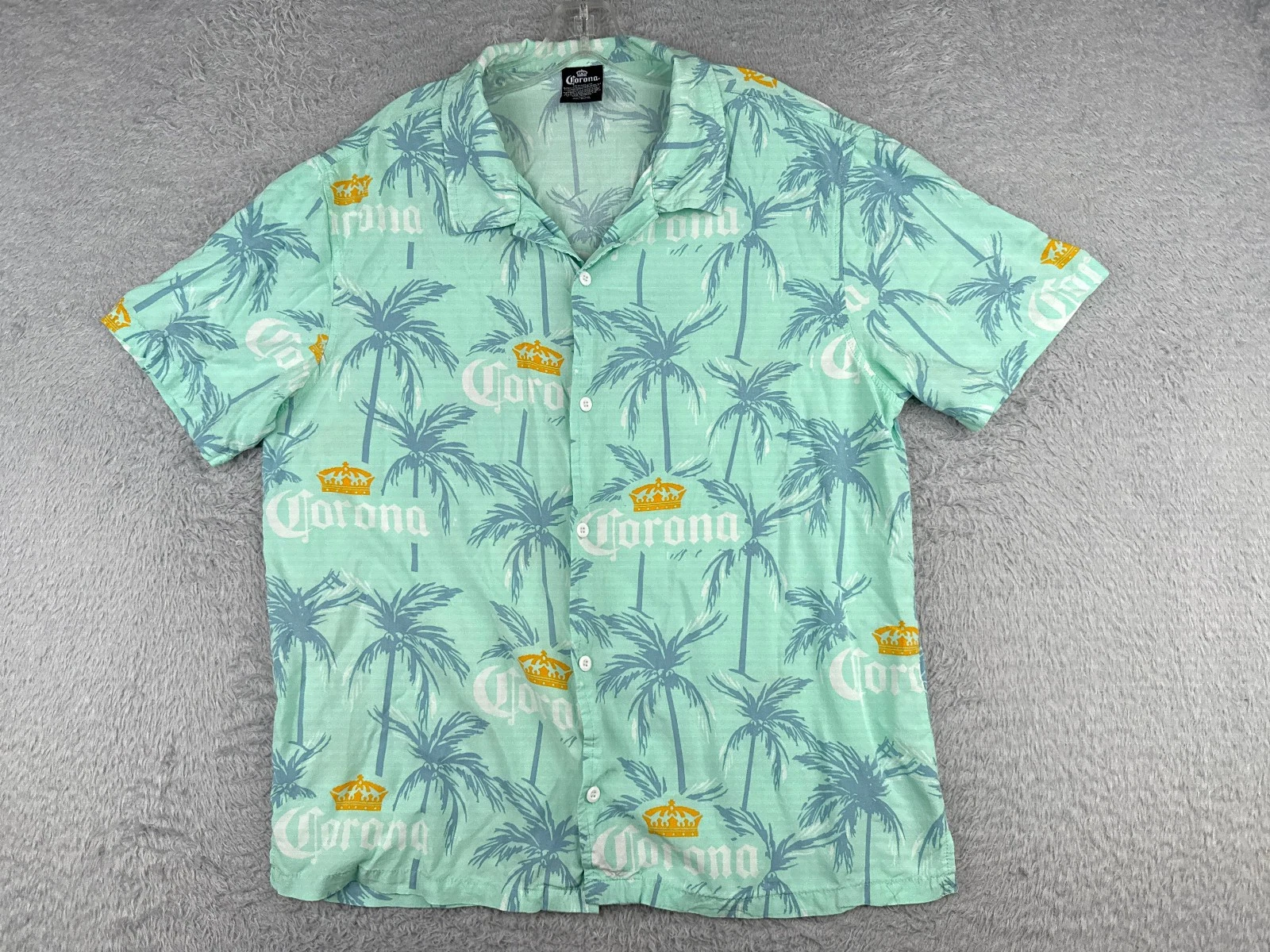 Corona Shirt Men 2XL XXL Blue Logo All Over Print Palm Trees Hawaiian Rayon READ