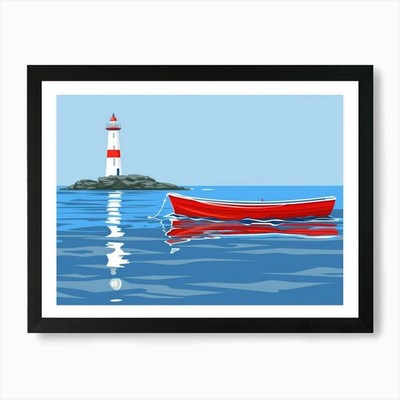 Leuchtturm und Boot Kunstdruck gerahmt Wandbild Poster Leinwanddruck Bild
