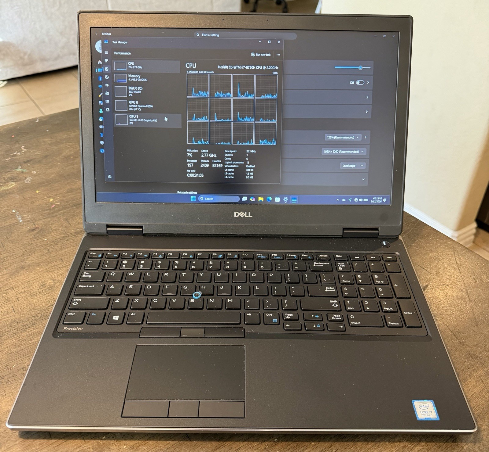 Dell Precision 7450, 15.6-Inch Laptop, with Intel Core i7-8750H, 256 GB SSD (Solid State Drive), Windows 11 Pro