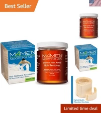 for Men Organic Hair Removal Kit, 12 oz Sugar Wax with 48 Reusable Fabric Str...