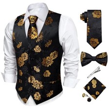 Men Silk Paisley Vest Tie Pre-tied Bow Tie Pocket Square Cufflinks Set Black